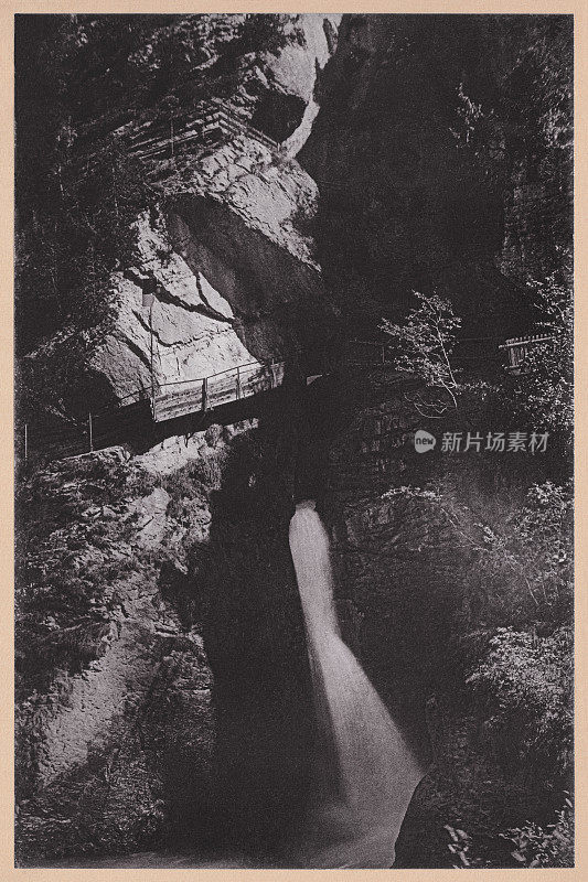 瑞士伯尔尼高地劳特布龙嫩河谷的特<s:1>梅尔巴赫瀑布，拼版，1898年左右出版